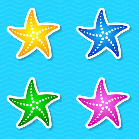 Colorful vector starfish labels isolated on blue backgroundのイラスト素材