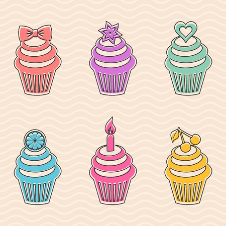 Different vector colorful cupcakes on wavy line backgroundのイラスト素材