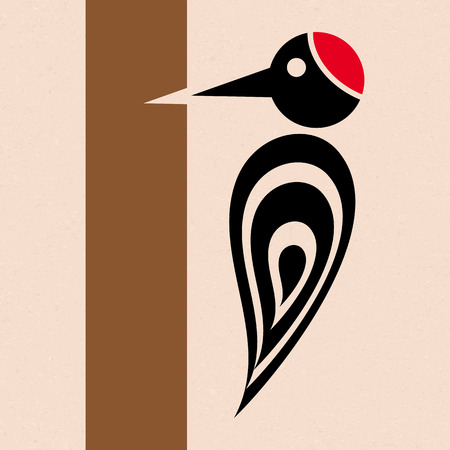 Vector stylized woodpecker icon with tree creative cardのイラスト素材