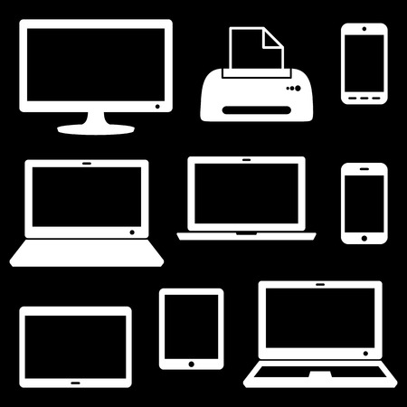 White vector modern digital device icons on blackのイラスト素材