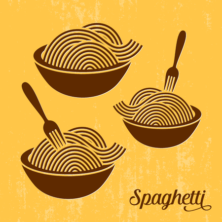 Spaghetti or noodle with fork retro vector iconsのイラスト素材