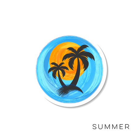 Sun and palm trees brush strokes vector labelのイラスト素材