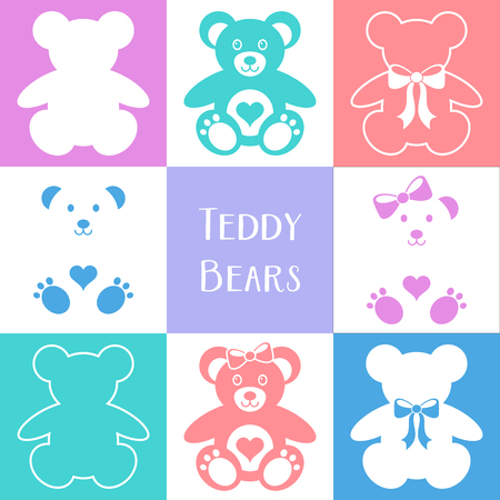 Vector cute teddy bears icons collection colorful squaresのイラスト素材