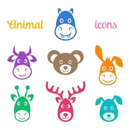 Colorful vector animal face icons isolated on whiteのイラスト素材