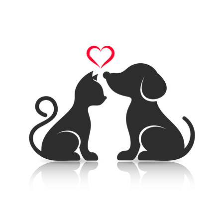 Cute cat and dog silhouettes with reflectionのイラスト素材