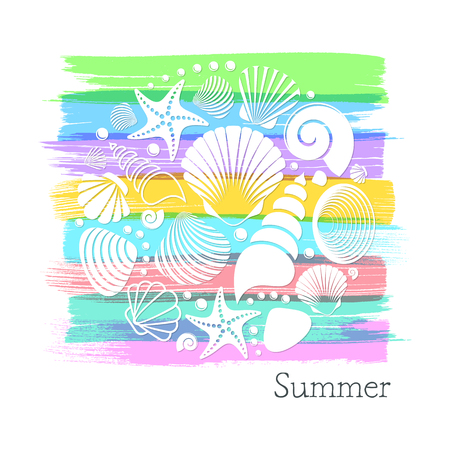 Colorful vintage summer card with white sea shellsのイラスト素材