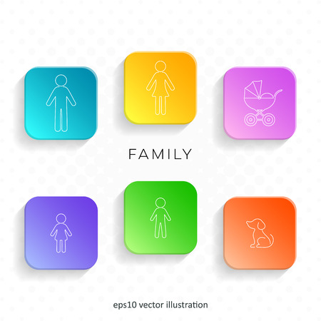 Outline family icons on web buttons with shadowsのイラスト素材