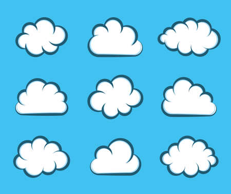 White vector cartoon clouds on blue background