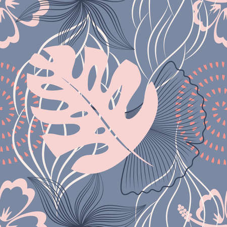 Vector seamless pattern with leaves and flowersのイラスト素材