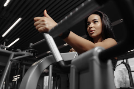 Portrait of young beautiful sporty woman who workout on exercise machine in fitness gymの写真素材