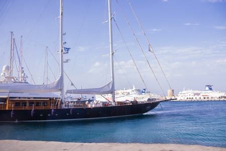Yacht at port shot in Rhodes, Greeceの写真素材