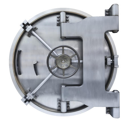The metallic  Bank vault door on a white backgroundの写真素材