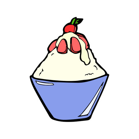 cute shaved ice or bingsu with strawberry and whip cream cartoon object on white background, vector doodle artのイラスト素材