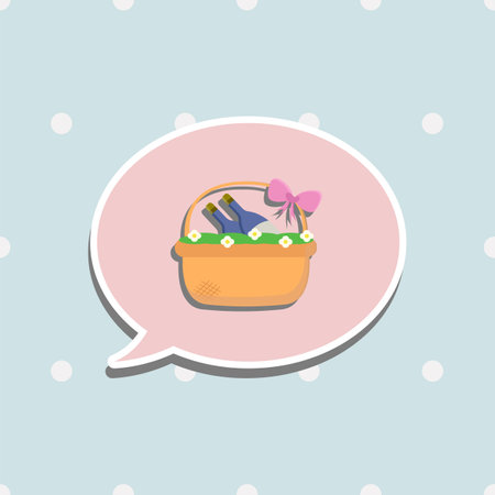 basket of wine in pink speech bubble cartoon object on blue background, vector illustrationのイラスト素材