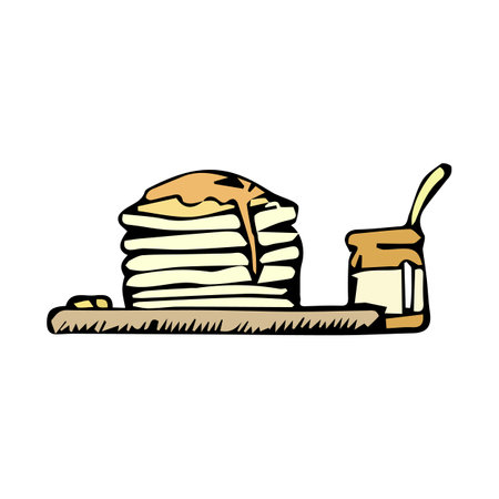 brown pancake and bottle of honey cartoon object, vector doodle artのイラスト素材