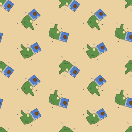 zombie thumb up and thumb down press unlike for halloween cartoon object seamless pattern on orange background, vector illustratorのイラスト素材