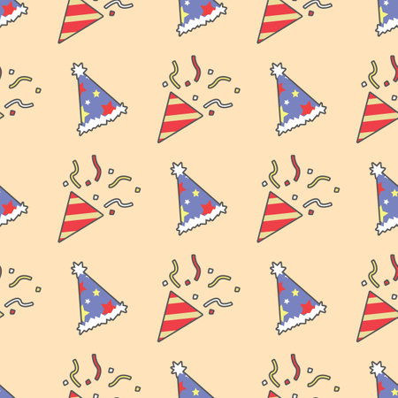 celebration element party hat, party popper, confetti seamless pattern in orange backgroundのイラスト素材