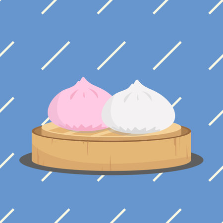 chinese dim sum, salapao in the bamboo steamer basket object, vector illustratorのイラスト素材