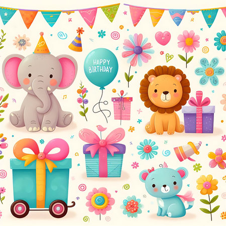 cute animals and gift box happy birthday cardの素材
