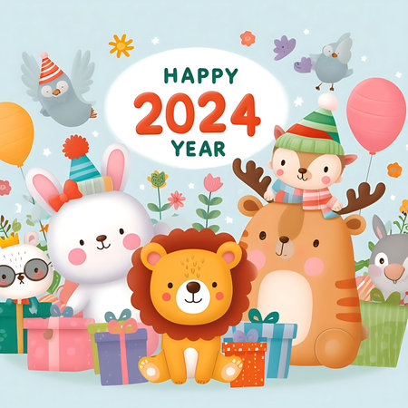 Happy new year 2024 Frames, borders, card or postcard of cute animals cartoon for kidsの素材