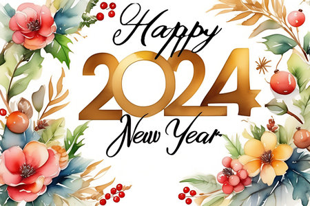 Happy new year 2024 Frames, borders, card or postcard of  watercolor flowersの素材