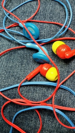 Close view of colorful headphones and wires