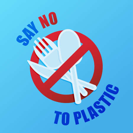 Say no to plastic. Environmental poster with text. Pollution problem concept. Prohibition sign. One...