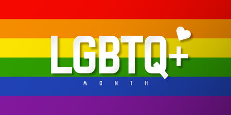 LGBTQ + MONTH illustration with rainbow flag background and white heart. White paper label. PRIDE LGBTQ + event. Human rights concept. Flat lay.の写真素材