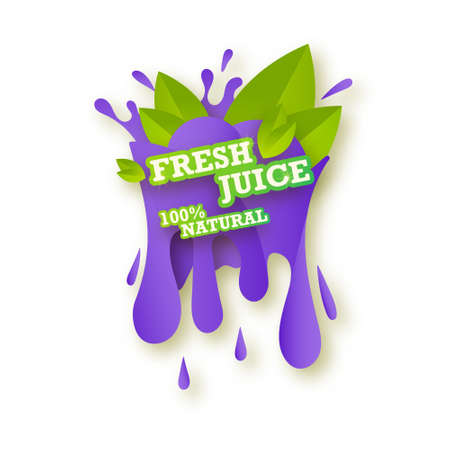 Juice fresh fruit label icon concept. Juicy drop and green leaves. Blueberry healthy juice design sticker. Vector isolated illustration.のイラスト素材
