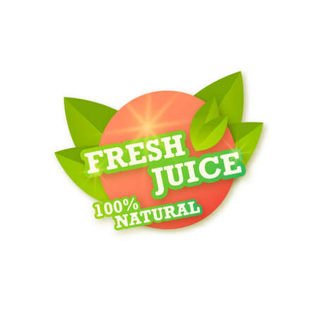 Juice fresh fruit label icon concept. Peach healthy juice sticker. Juicy drops and green leaves. Vector design. Isolated illustration.のイラスト素材
