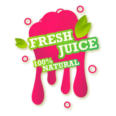 Juice fresh fruit label icon. 100% natural juicy raspberry drop. Raspberry healthy juice design sticker. Vector illustration.のイラスト素材