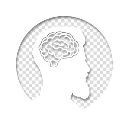 The head of a man is in a circle on a transparent background. Paper cut style icon with shadow. Medical concept icon of diseases of the brain, psychological disorder. vector illustration.のイラスト素材