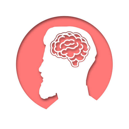 The head of a man is in a circle. Paper cut style icon with shadow. Medical concept icon of diseases of the brain, psychological disorder. vector illustration.のイラスト素材