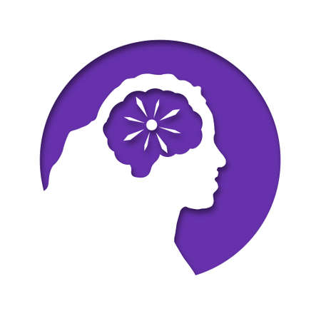 The head of a woman or girl is in a circle. Medical concept icon of diseases of the brain, psychological disorder. Paper cut style icon with shadow. vector illustration.のイラスト素材