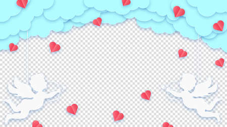 Happy Valentine's Day greeting card. Blue clouds or nubes and red hearts with amour or cupid on a...