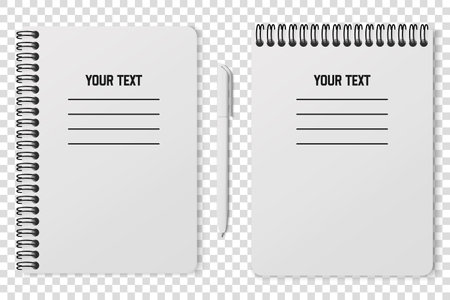 Horizontal spiral spring white notepad with space for your image or text on transparent background for mockup. Notebook vector design concept. Clipart illustration. top view.のイラスト素材