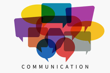 Word communication with colorful multicolored dialog speech bubbles. Vector illustration of communication concept on white isolated background.のイラスト素材