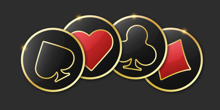 Hearts diamonds clubs spades sign chips. Glossy playing card suit symbols with gold border. Vector...