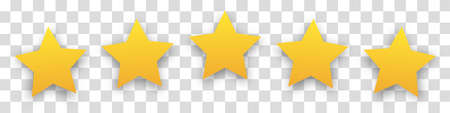 Five golden stars with a shadow on a transparent background. Ranking concept for apps, games or...