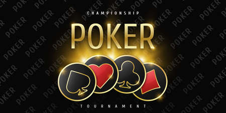 poker tournament banner. Poker logo with playing card suit chips. Clubs, diamonds, spades, hearts on a black background. vector illustration.のイラスト素材