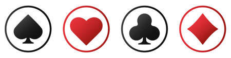 Set of black and red signs of suit icons for playing poker or casino. Heart, spade, club and diamond. Vector illustration isolated on white background.のイラスト素材