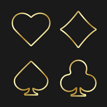 Gold signs suit icons. Poker game symbols set. Hearts, clubs, spades, diamonds. Vector illustration on a black background.のイラスト素材