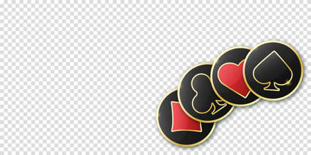 Hearts diamonds clubs spades sign realistic chips. Glossy playing card suit symbols with gold border. Vector illustration card sign on transparent background.のイラスト素材