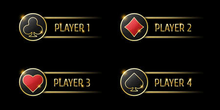 Spades, diamonds, hearts and clubs signs on round button. UI element for mobile app or website. Vector set of four casino or poker themed name navigation panels on black background.のイラスト素材