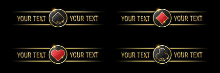 Spades, diamonds, hearts and clubs signs on round button. UI element for mobile app or website. Vector set of four casino or poker themed name navigation panels on black background.のイラスト素材