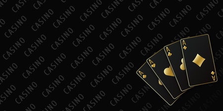 Fan of four black and gold card aces of different suits. Hearts, spades, diamonds, clubs. Realistic cards for playing poker or casino. Vector illustration of a black table background.のイラスト素材