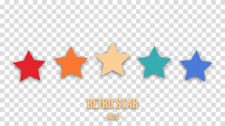Colorful rating 5 stars in retro style on a transparent background. Feedback concept for mobile app or website. Quality shape design. Vector illustration in 1970s 1980s 1960s style.のイラスト素材