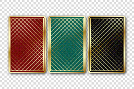 Three beautiful playing cards. The backside cards are green, red and black. Vector illustration on a transparent background.のイラスト素材