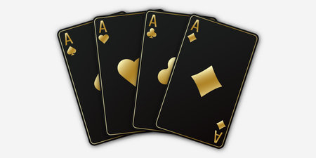 A fan of playing cards consisting of four black and golden Ace of Spades, Diamonds, Clubs, Hearts. Vector illustration poker and casino of all the aces on a white background.のイラスト素材
