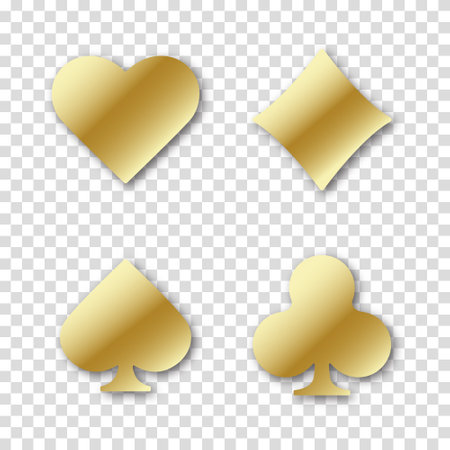 Set of collection gambling gold sign symbol of playing card suits and chip or token for web site or mobile app about poker and casino. Hearts, clubs, diamonds and spades on an transparent background.のイラスト素材